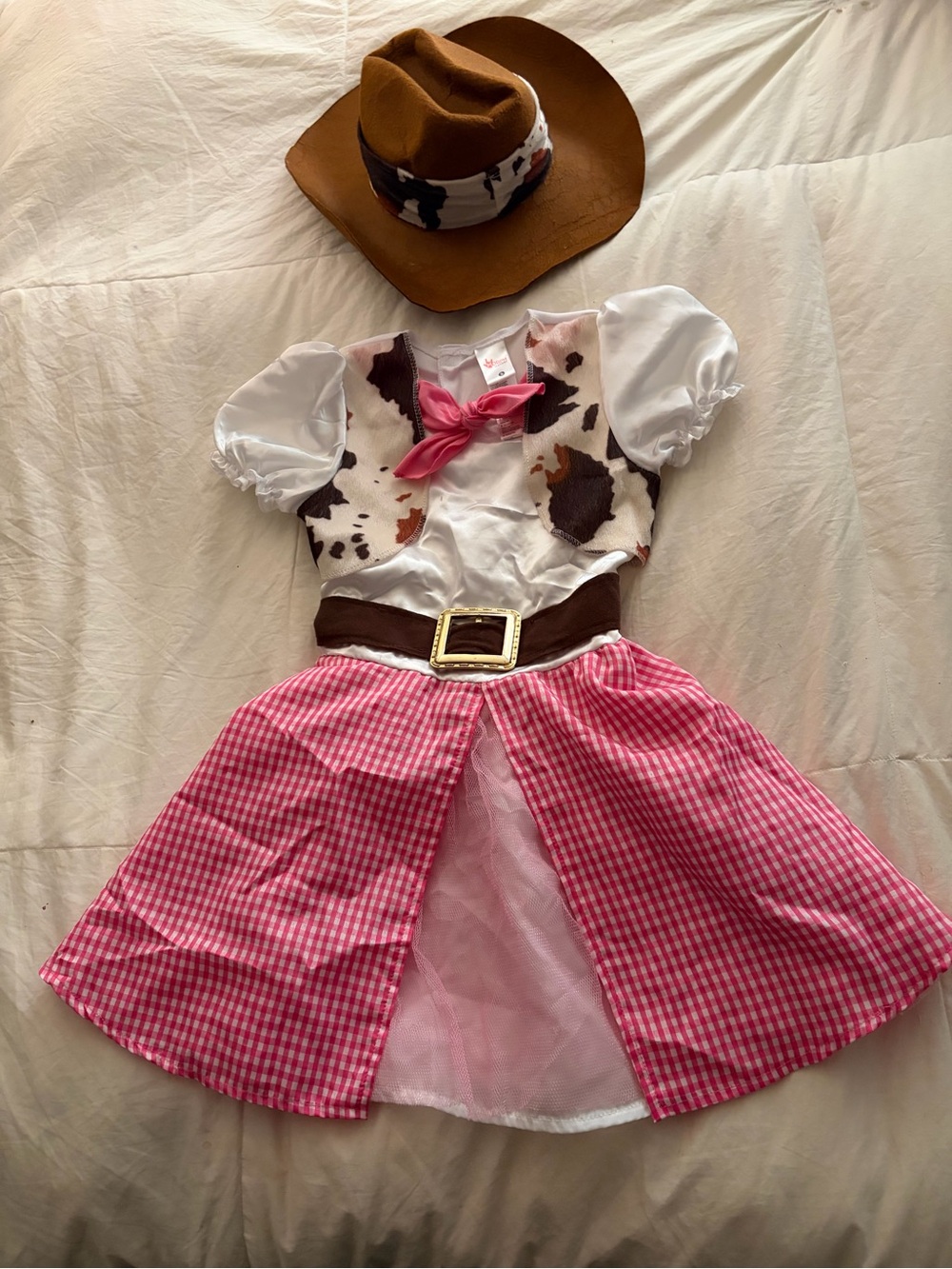 Little Girls Western Cowgirl Costume Pink Dress w Faux Cowhide Vest & Hat Small